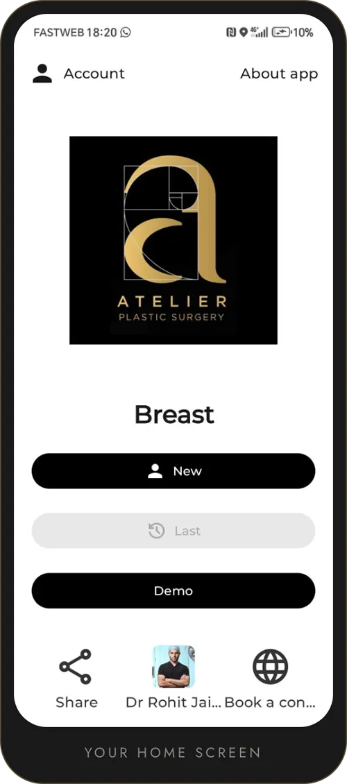 myArbrea home screen with the Atelier Plastic Surgery logo